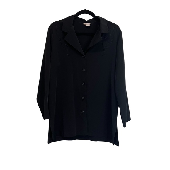 Vintage Sandra Salcedo Black Embroidered Button Up 3/4 Sleeves Top Shirt Sz L - Picture 1 of 11